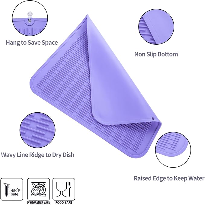 MicoYang Silicone Dish Drying Mat for Multiple Usage,Easy clean,Eco-friendly,Heat-resistant Silicone Mat for Kitchen Counter or Sink,Refrigerator or Drawer Liner Light Purple 2XL 24 inches x 18 inches