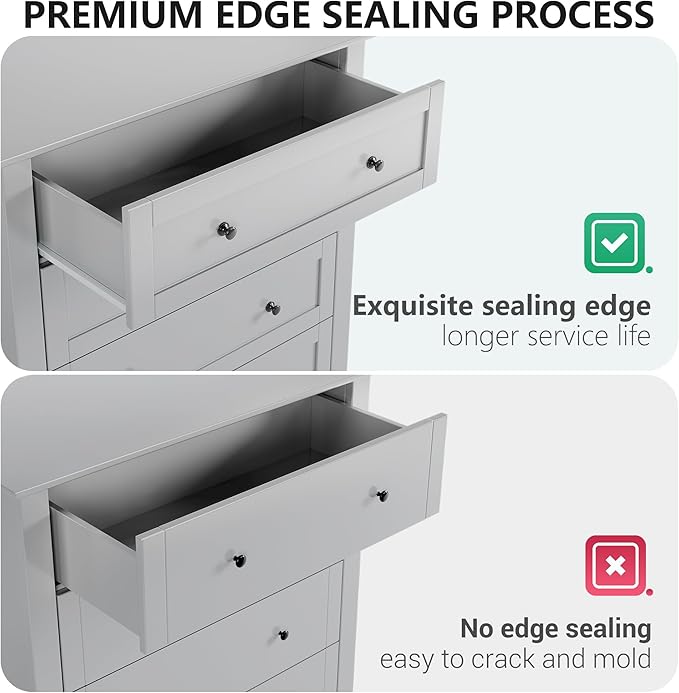 Modern 5 Drawers Dresser for Bedroom, Tall Wood Chest of Drawers for Clothes, Big Storage Dressers Organizer with Gold Handles & Deep Drawers, Living Room, Closet, Hallway, Grey