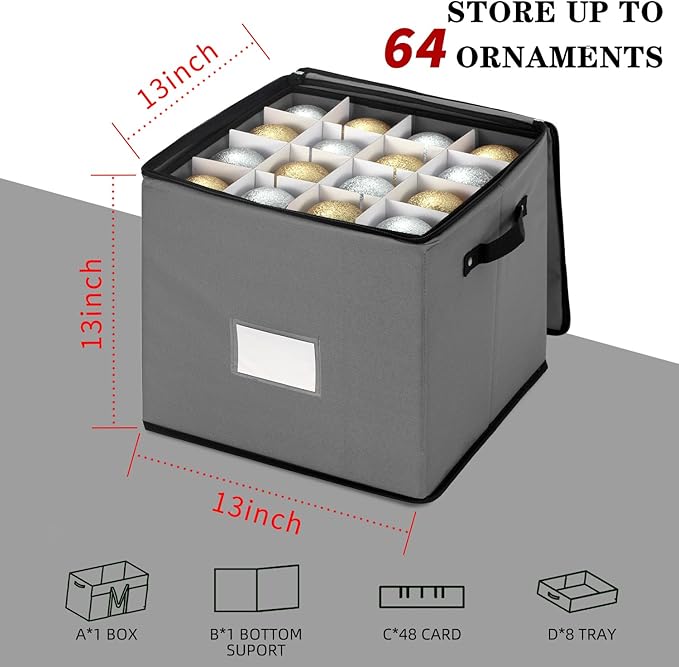 JY COOKMENT Christmas Ornament Storage Box with Adjustable Dividers, Premium Holiday Ornaments Storage Container Bin with Zippered Top for Xmas Decorations (64-3" Balls, Gray, With Tray)