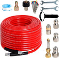 Sewer Jetter Kit for Pressure Washer 100FT, 5800PSI Drain Cleaner Hose 1/4 Inch NPT Corner with 5 Sewer Jetting Nozzles，Waterproof Tape，Pearl Corsage Pin & 2 Spanners (Red)