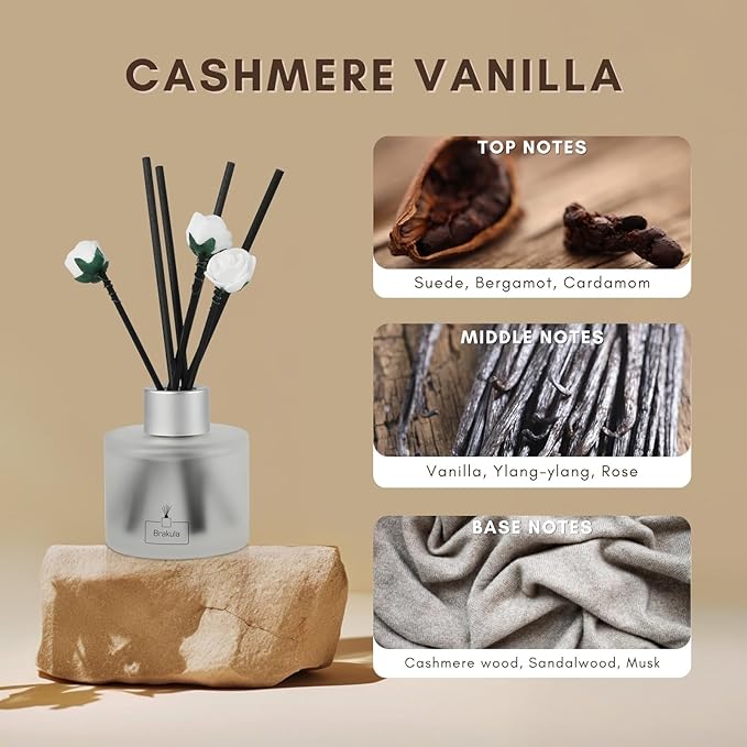 Brakula 2 Pack Reed Diffuser Set, Cashmere Vanilla Scented, Home Fragrance with 14 Sticks Bathroom Decor, Reed diffusers for Home 6.76 fl oz (Cashmere Vanilla)