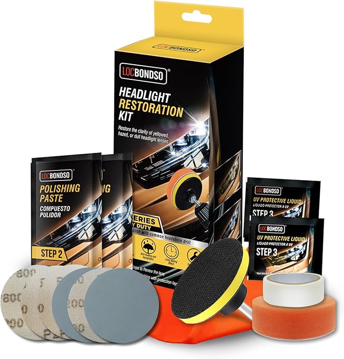 LOCBONDSO Headlight Restoration Kit, 3-Step Headlight Cleaner, Polish & Restore Yellowed, Oxidized, Cloudy Lens Back to Like-New, Includes Polishing Pastes, Sanding Discs, Protective Coating
