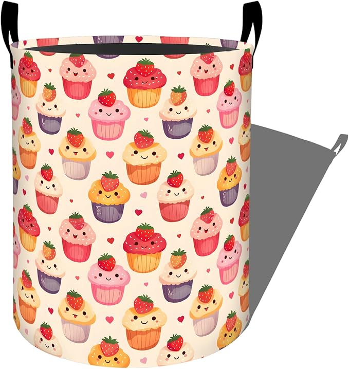 Sweet Cupcake with Strawberry Laundry Basket with Handles, 19.7"x15.7" Clothes Foldable Desserts and Heart Laundry Hamper Organizer for Dorm Nursery Bedroom Bathroom Decor, Toy Storage Bin for Kids