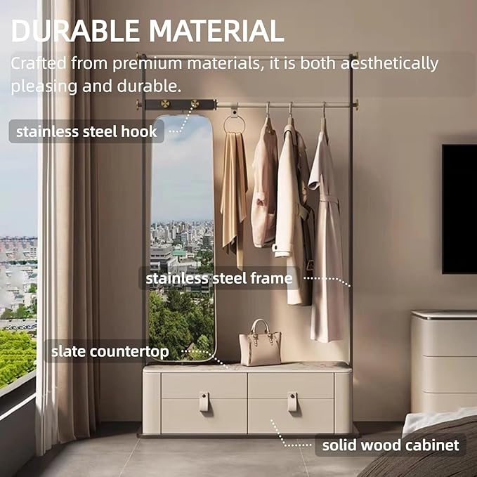 Free-Standing Clothes Rack 43IN (2 Drawers) (Metal Hanging Rod Hook) Full-Length Mirror, Beige Dress Up Closet Organizer