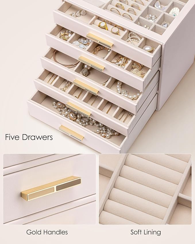 Vlando Jewelry Box for Women Girls,Jewelry Organzier,5 Drawers,Glass Lid Jewelry Organizer Storage for Gem Diamond Necklaces Rings Earrings Bracelets Apricot White