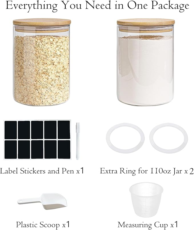 EQEY Glass Storage Jars Set Elegant Containers with Airtight Bamboo Lids, Perfect for Kitchen Organization - Flour, Rice, Pasta, Sugar, Coffee Beans, Accessories Included (2 packs(111oz))