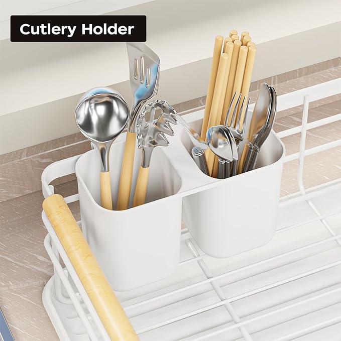 jouzevic Dish Racks for Kitchen Counter: Wooden Handles, Thickened Metal, No Assembly. Small Dish Drying Rack: Ideal for Small Households. Drying Rack Kitchen: White