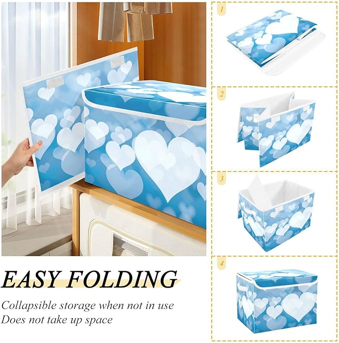 senya Valentines Baskets Collapsible Storage Bins with Lids, Blue Abstract Heart Storage Boxes Clothes Baskets for Organizing