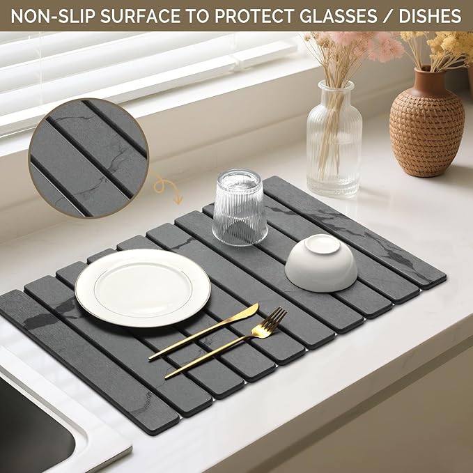 Large Stone Dish Drying Mat for Kitchen Counter, 2PCS 24"×16" & 8“x4" Quick Dry Stone Dishes Mats, Marbled Water Absorbing Diatomaceous Earth Drying Pad for Countertop Bottles Utensils Cups,Dark Gray