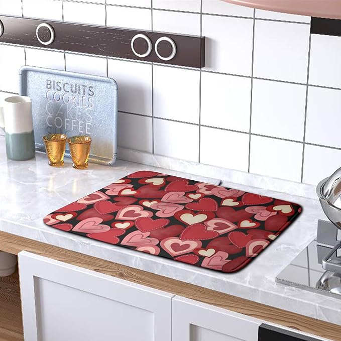 Kwlegh Valentine Dish Drying Mat for Kitchen Counter Red Black Love Heart Drying Pad Microfiber Absorbent Coffee Bar Mat Heat Resistant Countertop Protector Dishes Drainer Mat 16x18 Inch