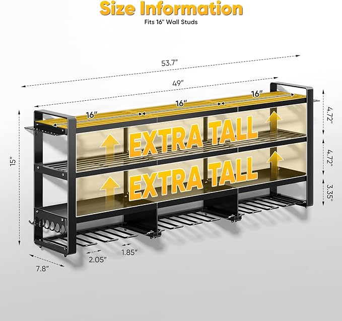 POKIPO 49" W Large Power Tool Organizer Wall Mount, 4 Layer Heavy Duty Loads 800 lbs, Tool Rack Holds 12 Cordless Drills, Large Capacity Battery Holder for Garage Storage, Christmas Gift for Men