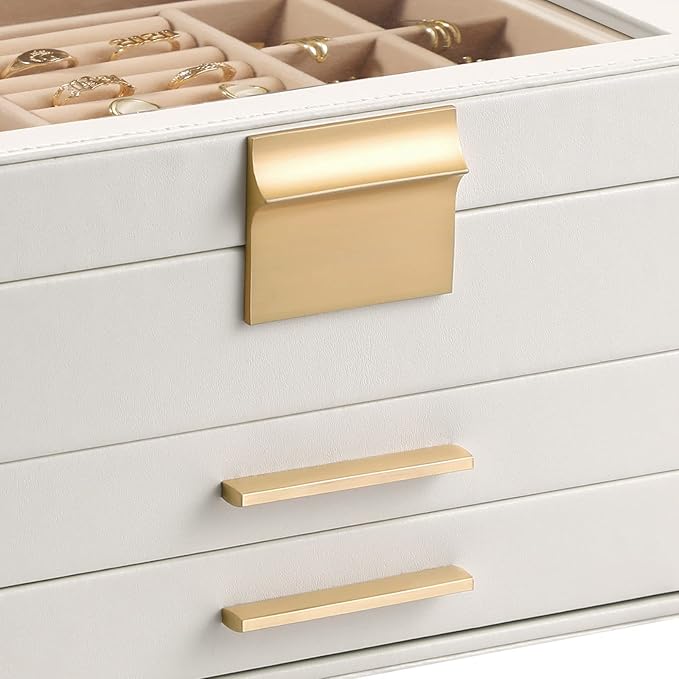 Jewelry Box Organizer for Women,3 Layers PU Leather Jewelry Storage Display Box with Glass Lid,Gift for people,3 Drawers,Large Capacity for Necklace Earrings Bracelets Rings,White