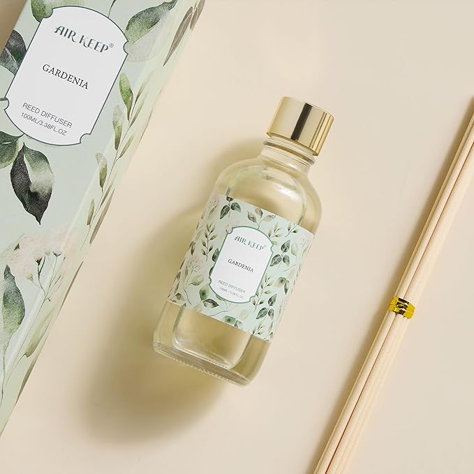 Airkeep Reed Diffuser Oil Set with Reed Sticks, Gardenia Aromatherapy Oil Scent Diffuser for Home Office Bathroom Decoration Perfume and Gifts 3.38 oz/100ml
