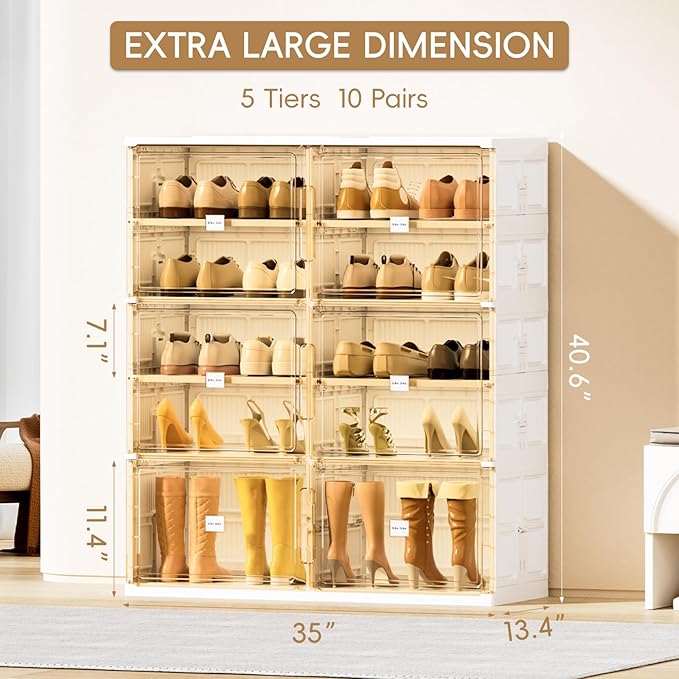 JEKO&JEKO 5-Tier Foldable Shoe Storage Box with Magnetic Doors, Large Stackable Shoe Organizer Cabinet for Entryway, Clear Front Door Shoe Boxes Hold Up to 20 Pairs (White)