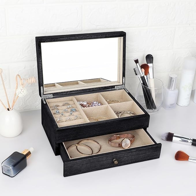 Meangood Jewelry Box Organizer for Women, 2 Layer Large Jewelry Storage Case, Rustic Wooden Jewelry Box with Mirror & Ring Tray for Necklace Earring Bracelets Rings, Vintage Style (Black)