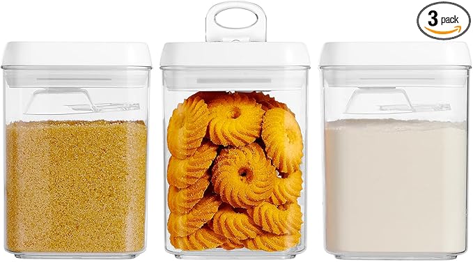Felli Flip Tite Storage Container with Built-In Spoon & Airtight Lid 5” Large-M Ring Flip Top, Stackable Acrylic Canister for Sugar Flour Powder, Kitchen Pantry Organizer (1.8qt) - 2 spoons only