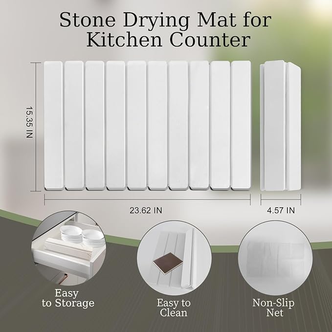 Hopegiver Stone Drying Mat for Kitchen Counter, 24"x16" Collapsible Quick Dry Dish Drying Mat, Super Absorbent Diatomaceous Earth Mat for Dishes Bottles Cups Bathroom, White with Sanding Block