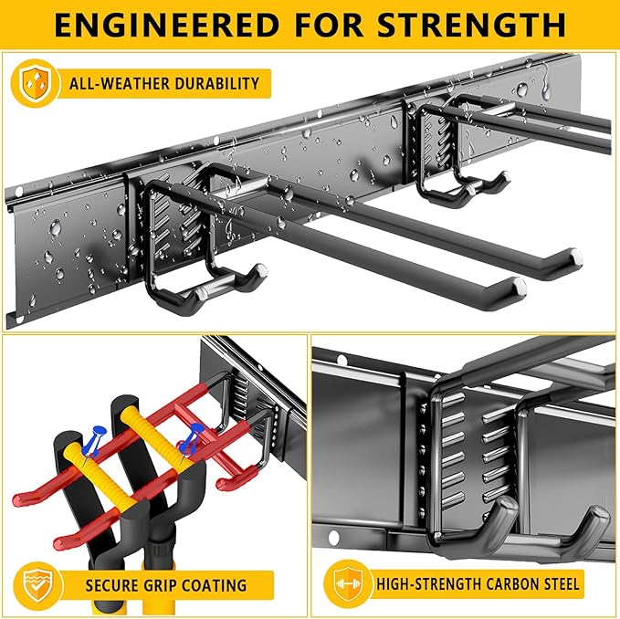 Tebgeag Garage Tool Organizer Wall Mount, 48inch Heavy-Duty Garage Storage System and Garden Tool Organizer with 9 Adjustable Hooks for Shovel, Snowboard, Yard Tools and Shed