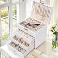 Leather Jewelry Box with Lock for Women, 4-Tier 3-Drawer Jewelry Organizer, Large Capacity Vanity Storage Case for Earrings Rings Necklaces, Gift for Her (White)