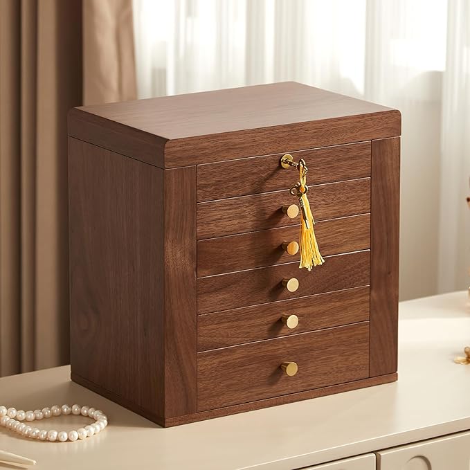 CHOSIN Black Walnut Wooden Jewelry Box, 6-Layer Lockable Wood Jewelry Organizer with Mirror, Side Doors & Brass Handle, Classical Design for Rings, Necklaces, Earrings, Watches, Valentine's Day Gift