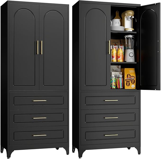 Kitchen Pantry Storage Cabinets with 3 Drawer, 75" Tall Metal Storage Cabinet with Doors and Shelves, Black Food Pantry, Steel Office Cabinet, Large Cupboard, for Kitchen, Dining, Living Room