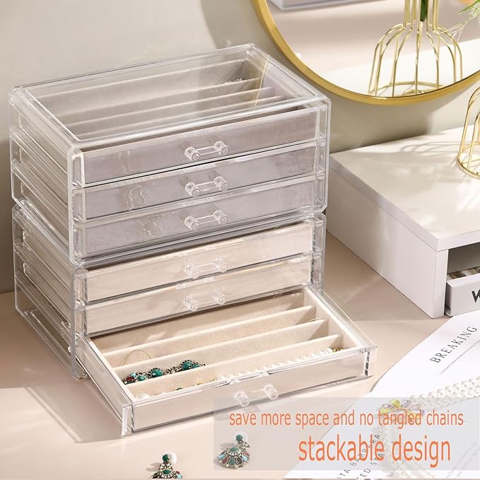 3 Drawers Necklace Organizer Box, Tray with DIY Clear Lid, Dustproof Velvet Necklaces Holder Storage Display Case, Necklace Tray Drawer Insert for Pendant Suitable for Women and Girls (Beige)