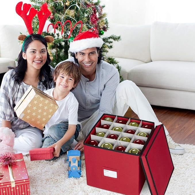 ProPik 64 Christmas Ornament Storage Box, 4 Tier Holds Up to 64 Ornaments Accessories Balls, Holiday Decorations Storage Container with Dividers, Durable 600D Oxford (Red)