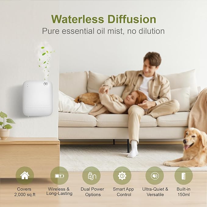 Waterless Diffuser,Wireless Essential Oil Battery Operated,2000 Sq Ft,Safety Lock,Quiet,Bluetooth App,Hotel Home Collection Scent Machine - White