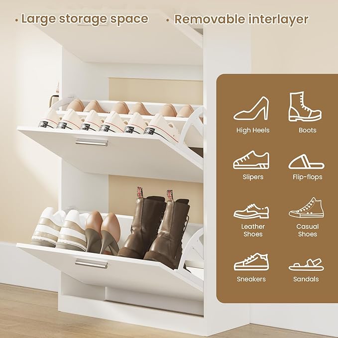 Shoe Cabinet Organizer with 3 Flip Drawers & 3-Tier Adjustable Shelves, Freestanding Shoe Rack Cabinet, Narrow Shoe Storage for Entryway, Foyer, Hallway, White, 23.6" W × 9.4" D × 47.2" H