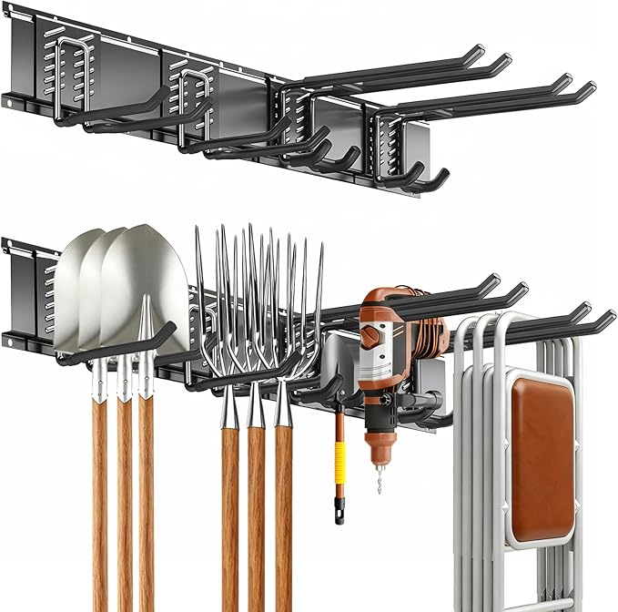 Tebgeag Garage Tool Organizer Wall Mount, 32inch Heavy-Duty Garage Storage System and Garden Tool Organizer with 4 Adjustable Hooks for Shovel, Snowboard, Yard Tools and Shed
