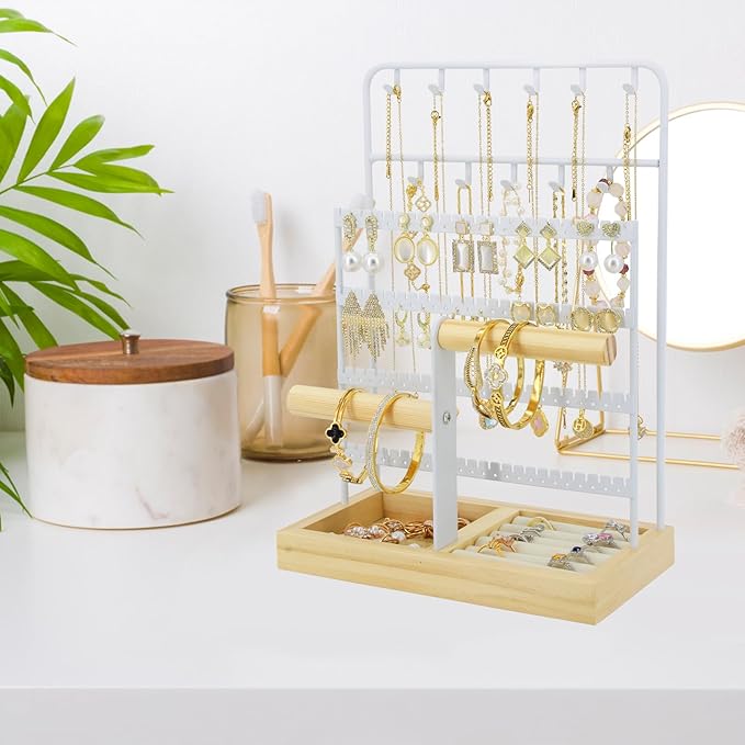 JONKASIPA Jewelry Holder Organizer Stand 4-Tier Necklace Stand Earring Holder with Wooden Tray, Jewelry Rack for Bracelets Watches and Rings Display Stand, Gifts for Women & Girls-White