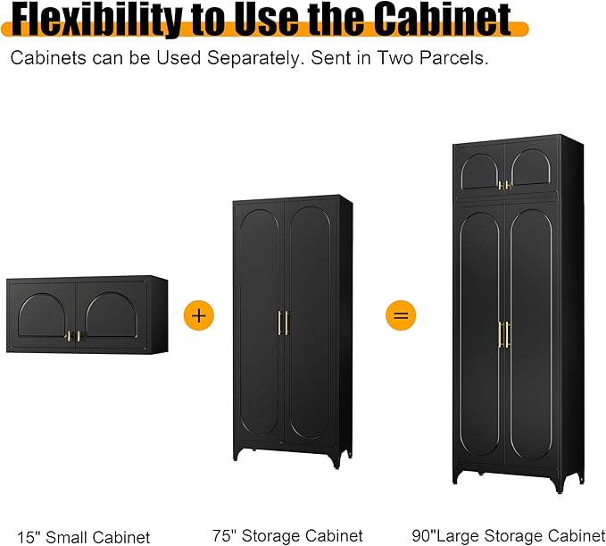 Metal Storage Cabinet with Doors and Shelves, 90" Tall Kitchen Pantry Storage Cabinets, Balck Pantry Closet, Steel Large Cupboard, High Leveling Feet- Assembly Required