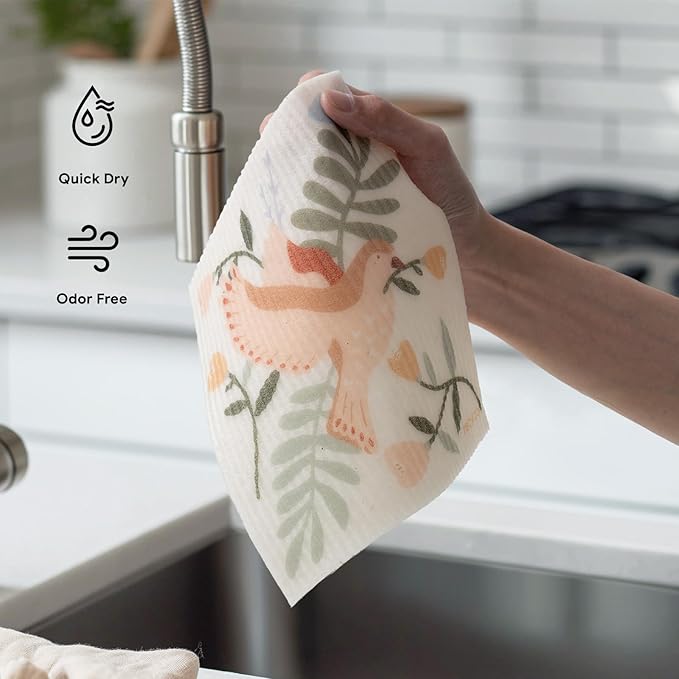 RECYCO Swedish Dishcloths for Kitchen | 6 Pack Birdsong and Blooms Washable Dish Rags | Cellulose Reusable Cleaning Paper Towels | Absorbent Counter Dish Cloth Sponge Kitchen Wipes, 8" L x 7" W