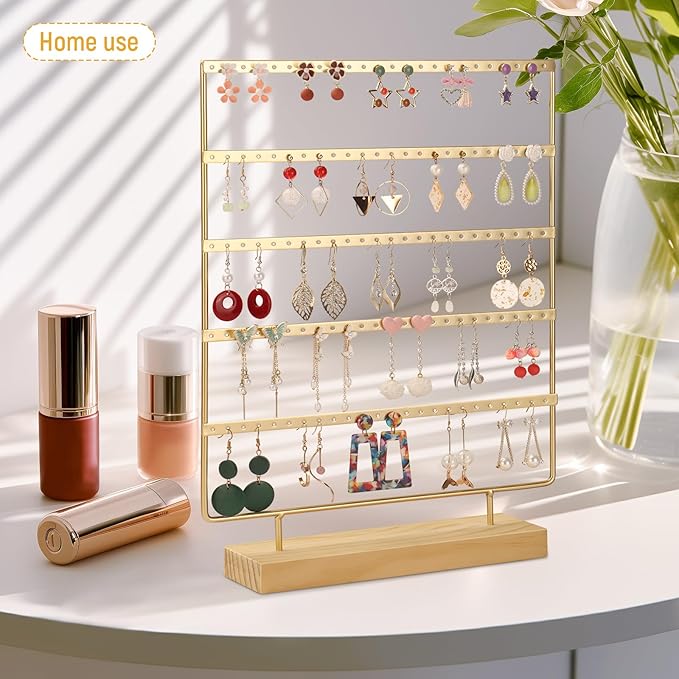 5 Tier 120 Hole Earring Holder Organizer, Rust Proof Metal and Wooden Base Jewelry Organizers and Storage for 60 Pairs of Earrings, Suitable for Home Storage and Sales Display