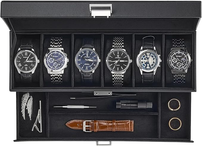 ProCase Watch Case, 6 Slot Mens Watch Box Holder Organizer with Glass Lid, 2-Layer Watches Display Case, Mens Jewelry Box with Drawer, Birthday Valentine Gifts for Men Women -6 Slot, Black