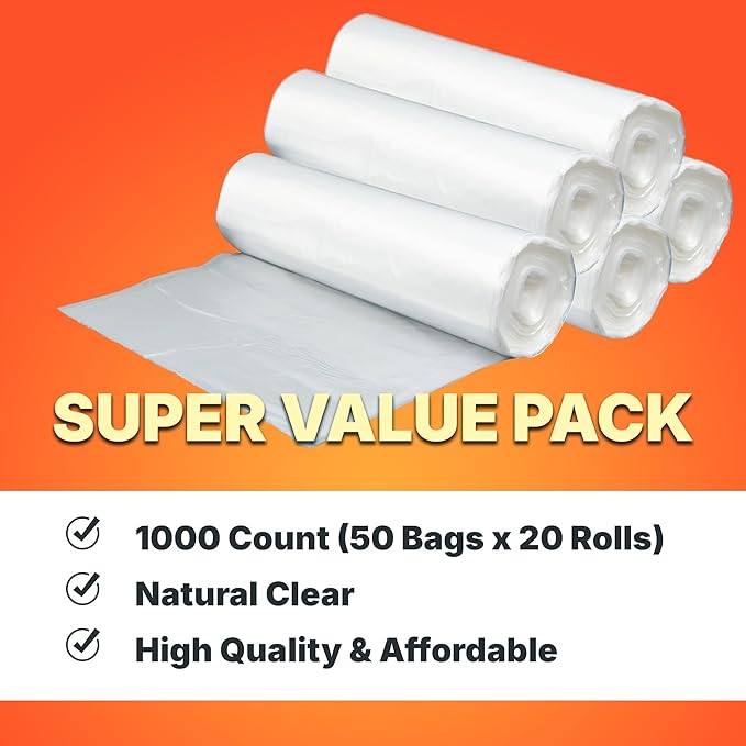 Bagtron 7-10 Gallon Trash Bags, 8 Micron High Density Garbage Can Liners Bulk, 24" x 24", Natural Clear, 1000 Count
