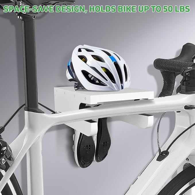 Wooden Bike Wall Mount Rack with Shelf and Hooks for Home, Space-Saving Indoor Horizontal Bike Storage Rack for Garage, Wood Wall Mounted Bike Hangers for Single Road, Mountain Bicycle