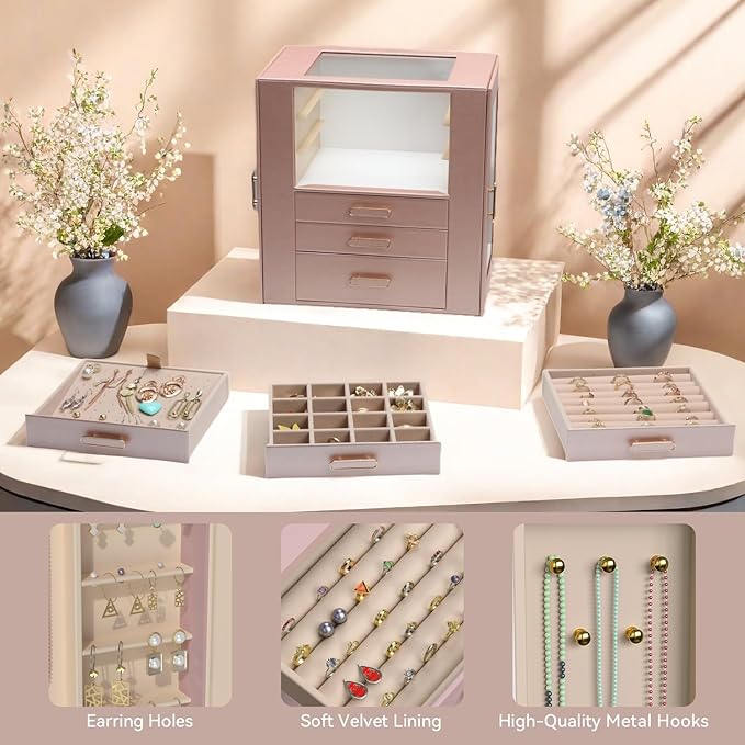 Jewelry Boxes for Women, 6 Layer Jewelry Organizer with Glass Lids, Jewelry Holder Organizer with 5 Drawers and 2 Glass Doors for Jewelry Storage, Big Jewelry Box for Womens Gift (Rose Gold)