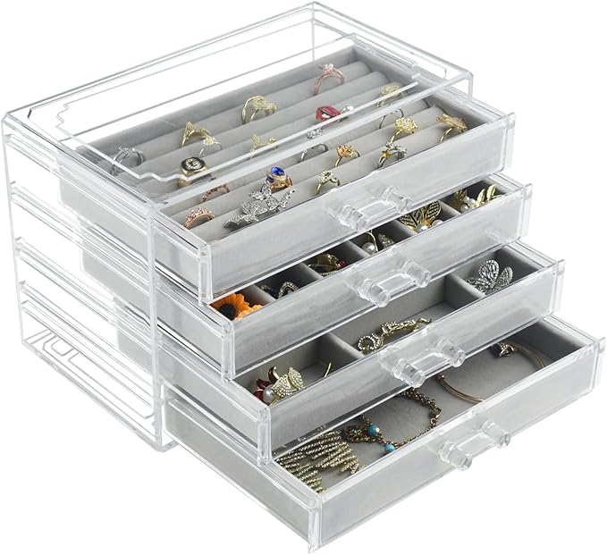 Weiai Acrylic Jewelry Organizer, Clear Jewelry Box with 4 Drawers, Jewelry Case Storage for Women (Gray)