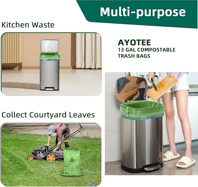 13 Gallon,200 Count, Compostable Trash Bags with Drawstring,Tear Resistant Kitchen Food Scrap Waste Bag, ASTM D6400, US BPI and Europe OK Compost Home Certified