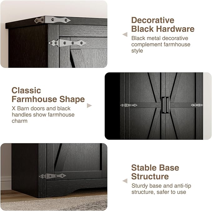 Black Farmhouse Storage Cabinet with Adjustable Shelves, Large Pantry Organize with 2 Barn Doors, Tall Freestanding Cabinet for Kitchen, Bathroom, Garage, Basement, Living, Utility Room