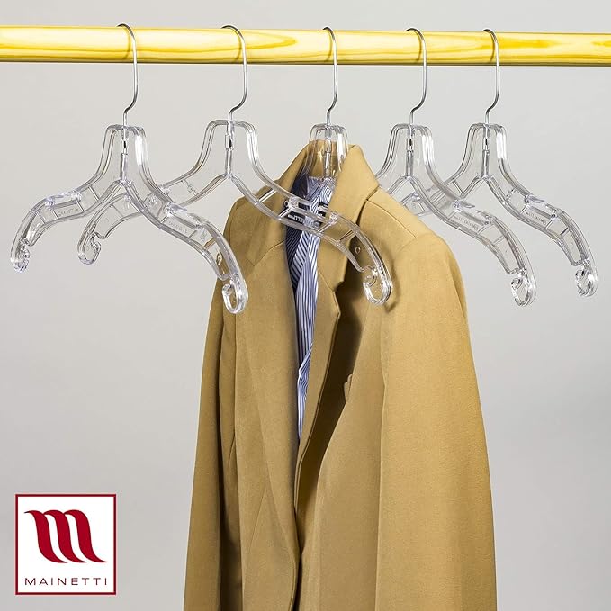 Mainetti Clear Plastic Clothes Hangers 100 Pack | 17-Inch Space Saving Hangers with 360 Swivel Metal Hook & Notches for Straps | Closet Hangers Ideal for Shirts, Tops, Dresses and Jackets (5400SCR)
