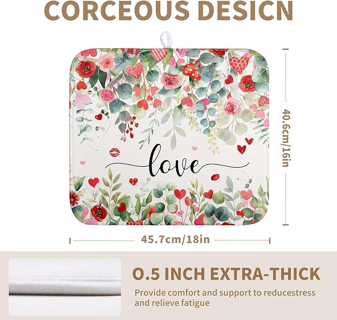 Wnoesat Valentines Day Love Heart Rose Eucalyptus Leaves Dish Drying Mat for Kitchen Counter 16x18 Inch Spring Valentine Microfiber Absorbent Dish Drainer Mats Reversible Drying Pad
