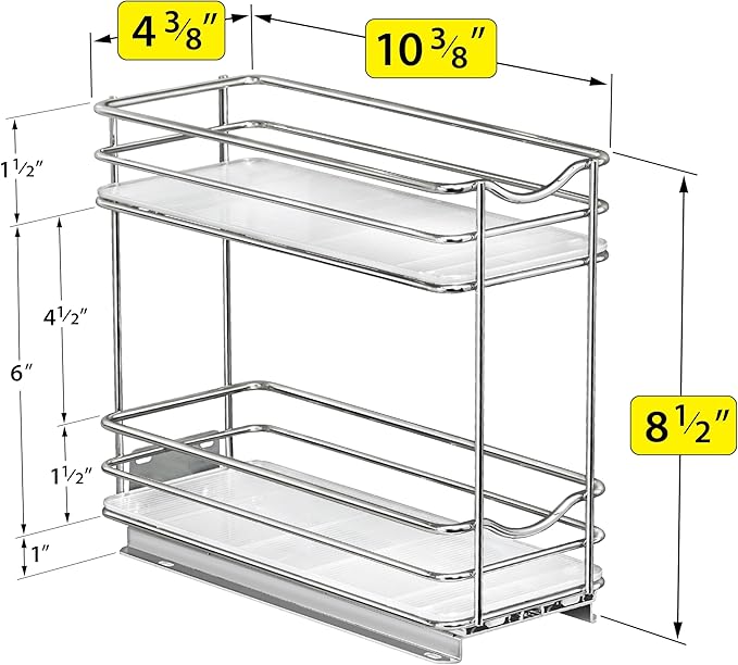 LYNK PROFESSIONAL® Pull Out Spice Rack Organizer for Inside Kitchen Cabinets - 4-3/8 inch Wide - Slide Out Drawer – Chrome Sliding Spice Cabinet Organization Shelf Racks - 2 Tier