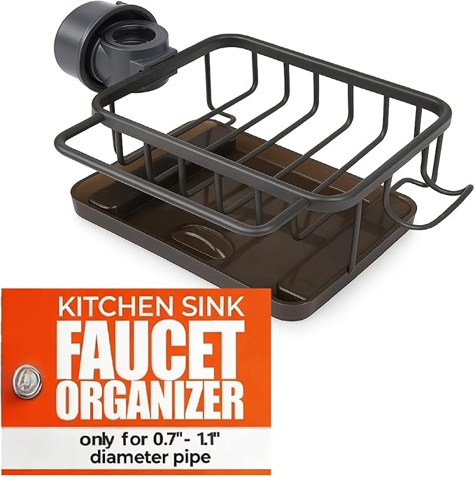 MAIYELI Kitchen Sink Faucet Organizer,Sponge Holder Caddy Rack Multifunction Shelf for Soap,Dish Accessories, Adjustable for 0.7-1.1 Inch Round Water Pipe (Right Grey)