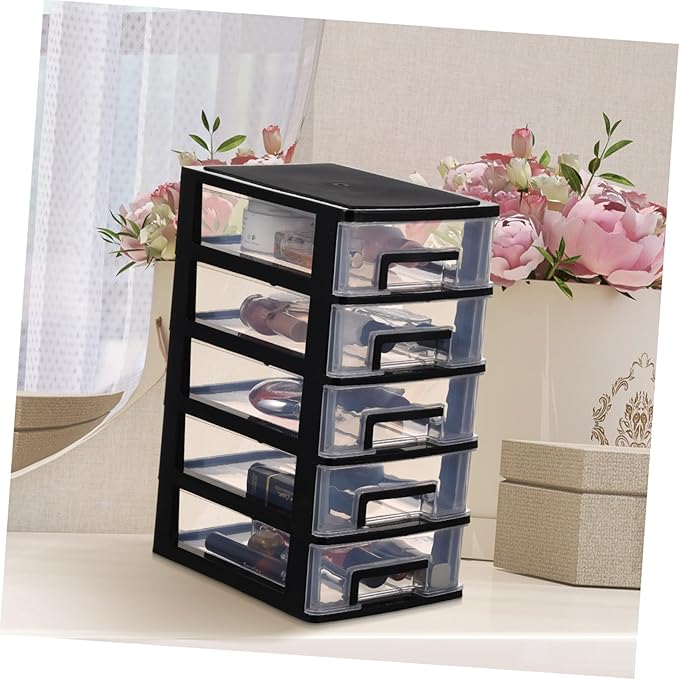 Multifunctional Five-layer Storage Cabinet Plastic Drawer Type Closet 5 Drawer Storage Tower Container Case with Clear for Home 8.3x5.9x12.3inch Black