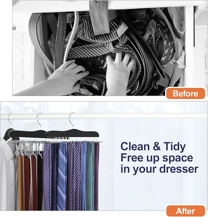 TOPIA HANGER Tie Rack Hanger for Closet, Wooden Tie Organizer for Men with 24 Folding Hooks, Space Saving Necktie Holder for Storage and Display Bra, Tank Top, Camisole (2-Pack), Black- CT14B-2