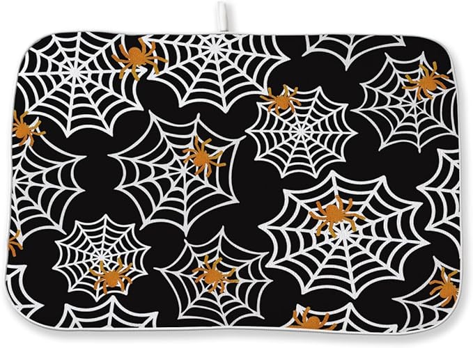Halloween Dish Drying Mat 18 x 24 Inch Spider Web Drying Mat for Kitchen Counter Absorbent Spiders Black Dishes Dry Pad for Drainer Rack Kitchen Fast Dry
