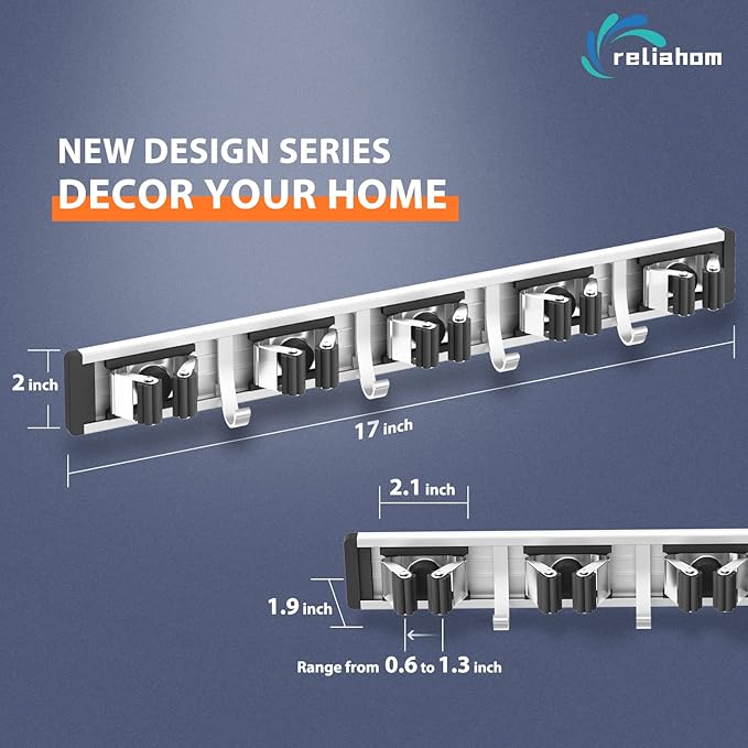 reliahom Broom Holder Wall Mount Mop and Broom Hanger Wall Mounted Garage Storage Rack Kitchen Garden Tool Organizer (5 Racks with 4 Hooks, Black)