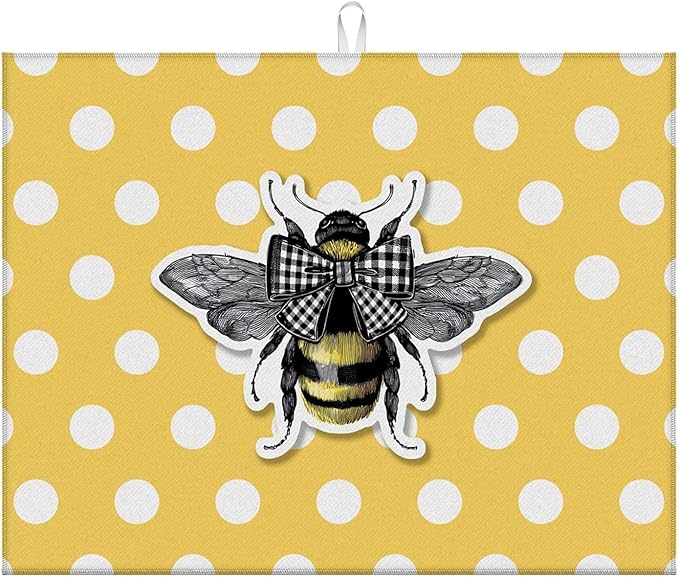 Dish Drying Mat For Kitchen Counter, Yellow Honey Bees Microfiber Absorbent Dish Drainer Rack Pad Reusable Large 18x24in Drying Mat